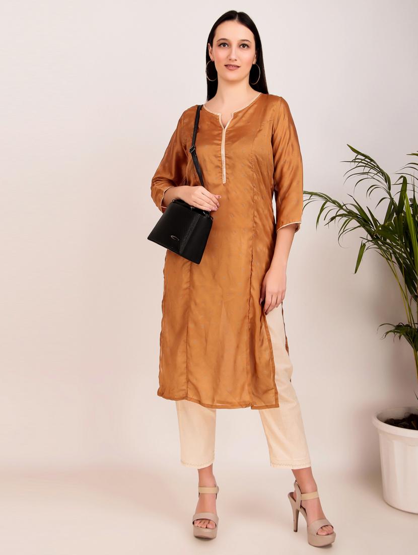 women solid with work three quarter sleeve straiight kurta - 21974977 -  Zoom Image - 0
