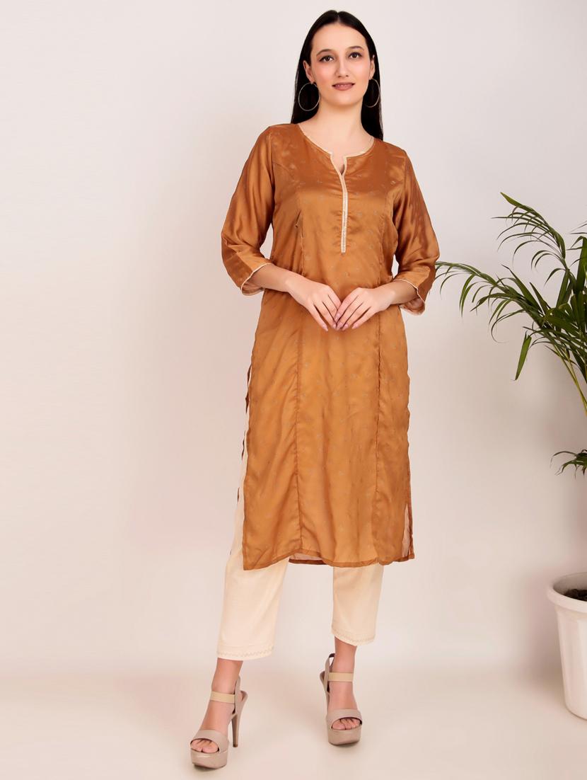 women solid with work three quarter sleeve straiight kurta - 21974977 - Standard Image - 3