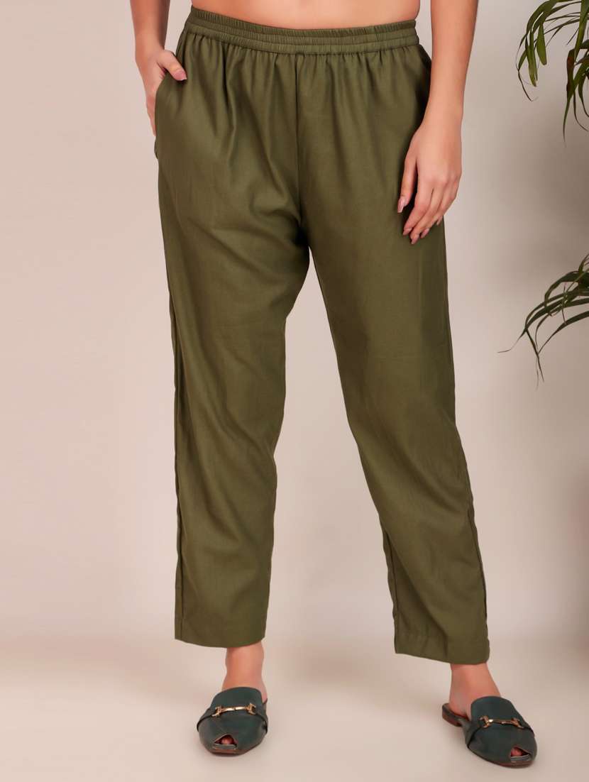women solid mid rise ankle length tapered pant