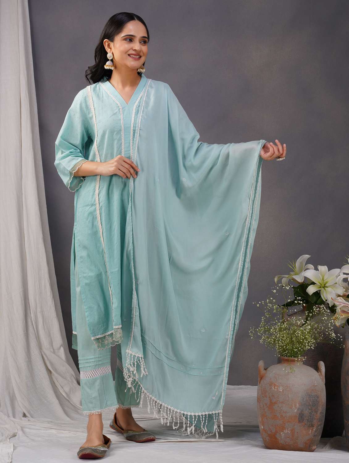 women three quarter sleeve kurta pant with dupatta set - 21975058 -  Zoom Image - 0