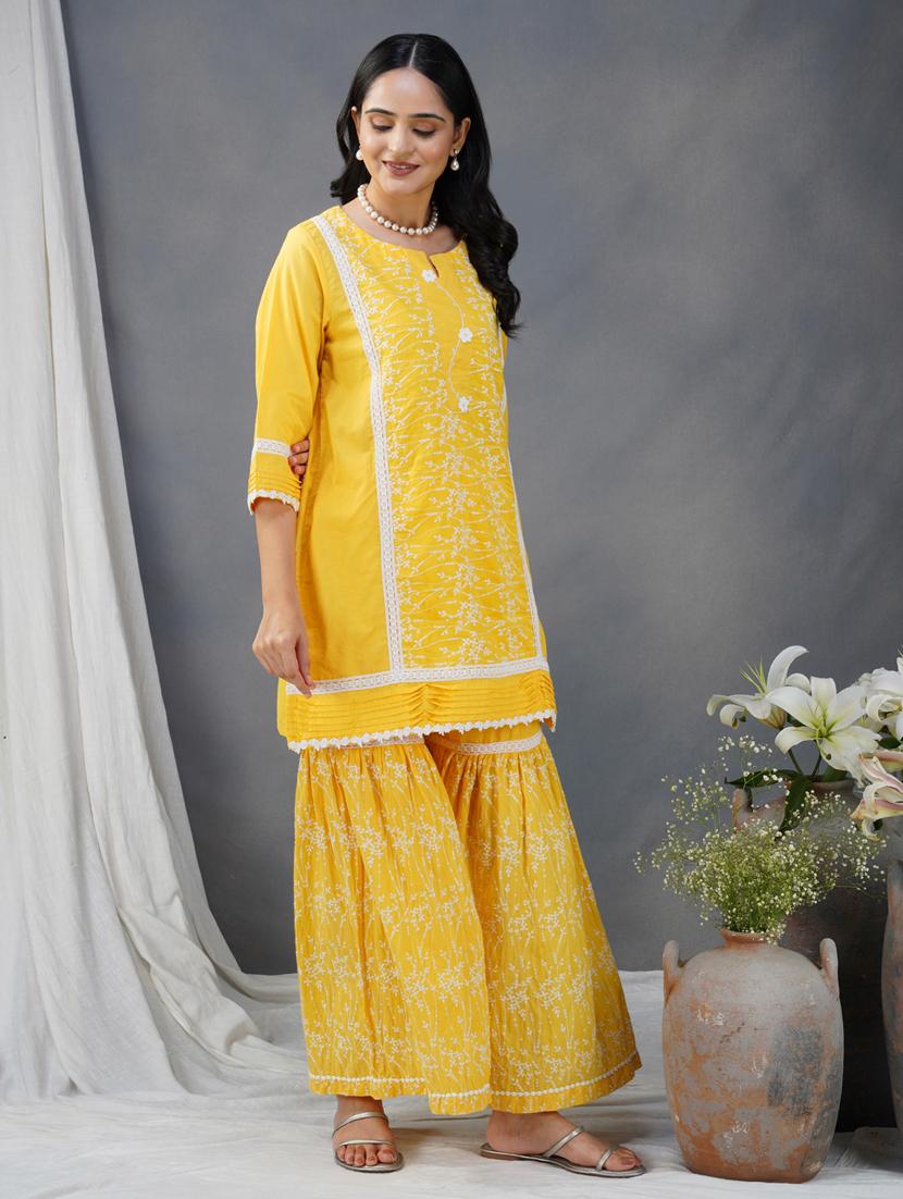 women three quarter sleeve kurta sharara with dupatta set - 21975060 - Standard Image - 3