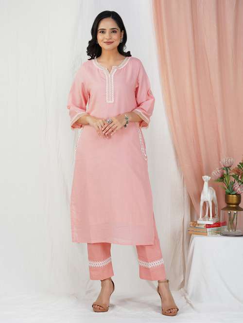 women solid with work three quarter sleeve kurta pant set - 21975064 -  Standard Image - 0