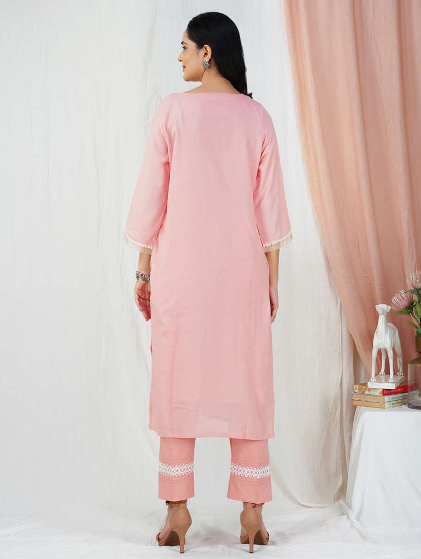 women solid with work three quarter sleeve kurta pant set - 21975064 -  Standard Image - 3