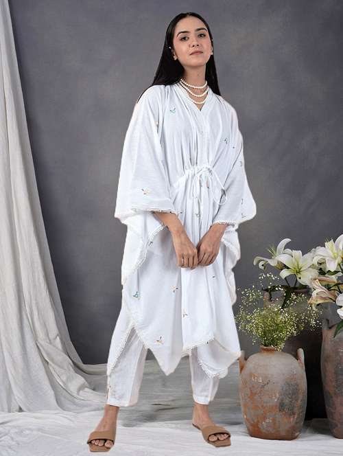 women solid with work kimono sleeve kaftan kurta pant set - 21975082 -  Standard Image - 0