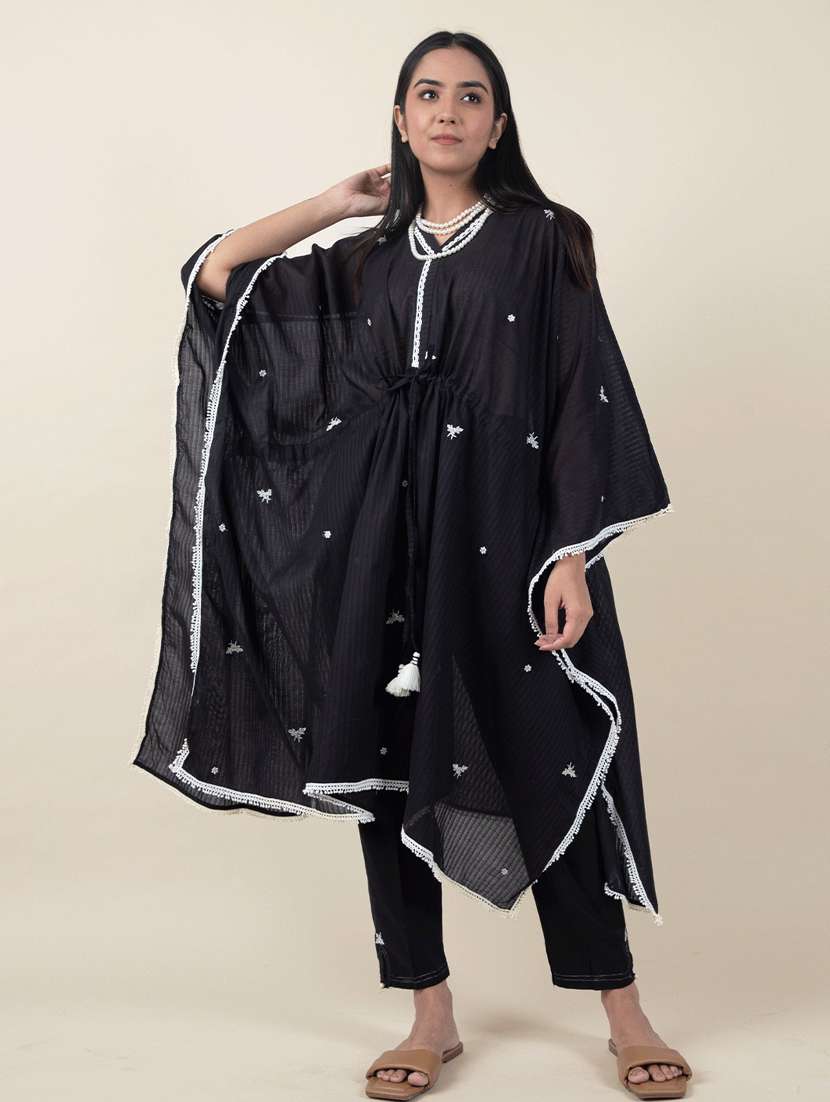 women solid with work kimono sleeve kaftan kurta pant set