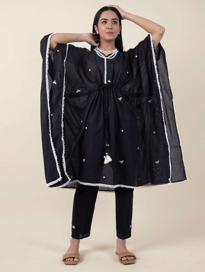 women solid with work kimono sleeve kaftan kurta pant set - 21975085 -  Standard Image - 5