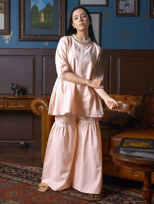women solid with work three quarter sleeve kurta sharara set - 21975086 -  Standard Image - 0