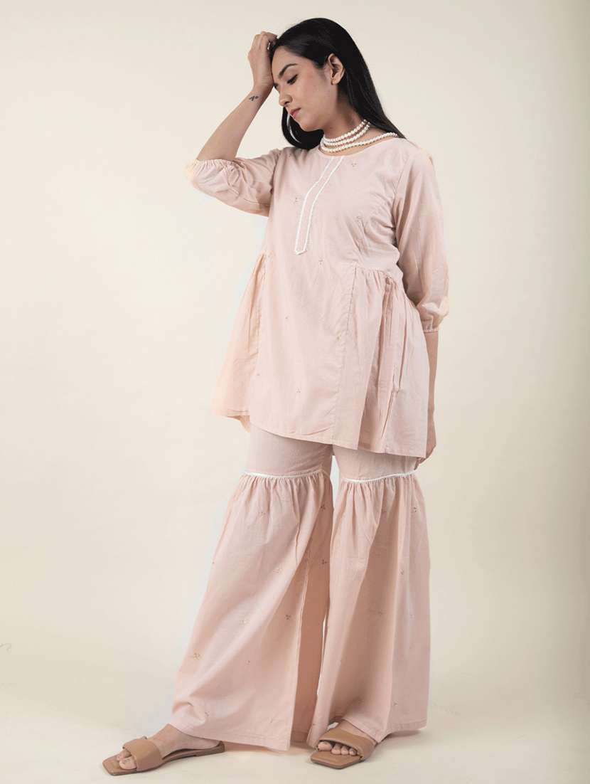 women solid with work three quarter sleeve kurta sharara set - 21975086 -  Standard Image - 3