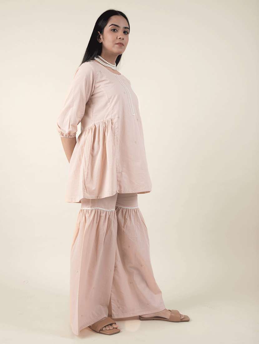 women solid with work three quarter sleeve kurta sharara set - 21975086 -  Standard Image - 5