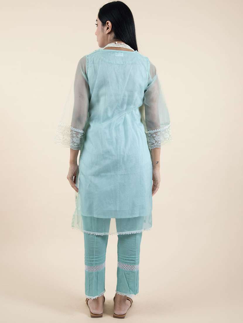 women solid with work three quarter sleeve kurta pant set - 21975088 - Standard Image - 3