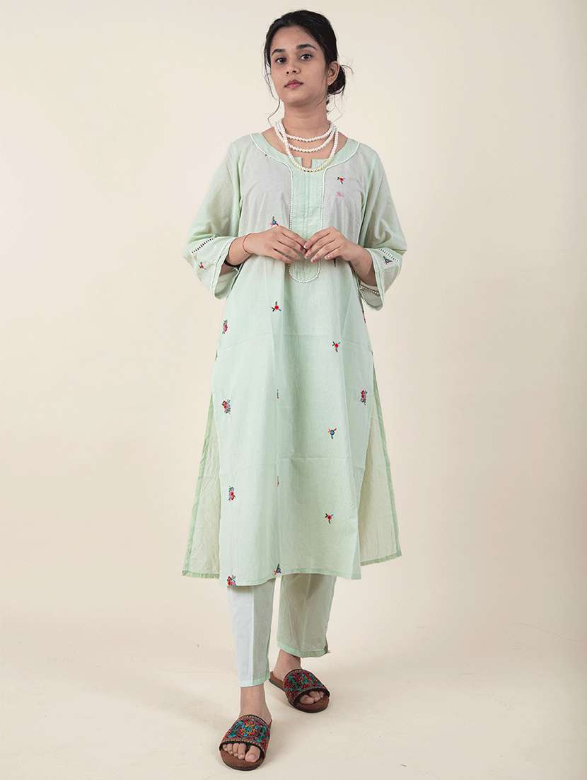 women solid with work three quarter sleeve kurta pant set - 21975090 -  Zoom Image - 0