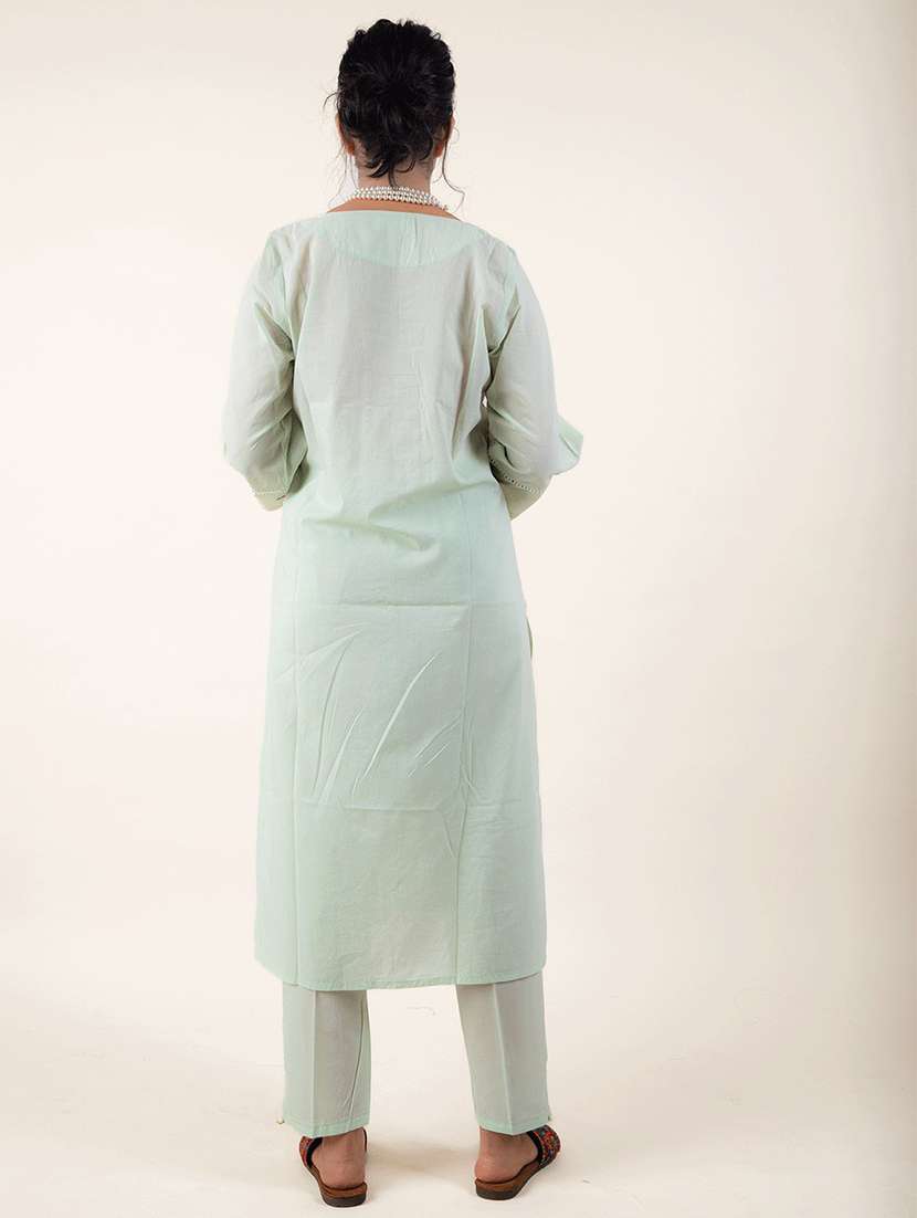 women solid with work three quarter sleeve kurta pant set - 21975090 - Standard Image - 3
