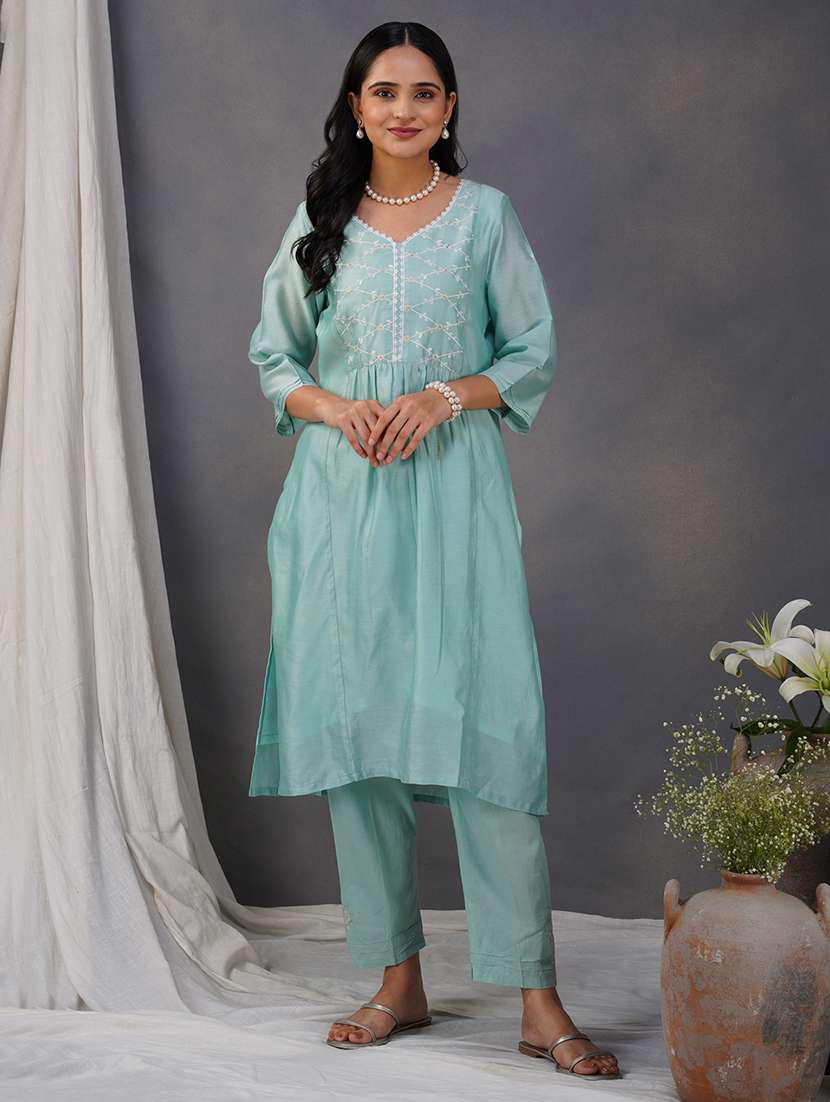 women solid with work three quarter sleeve kurta pant set - 21975092 -  Zoom Image - 0
