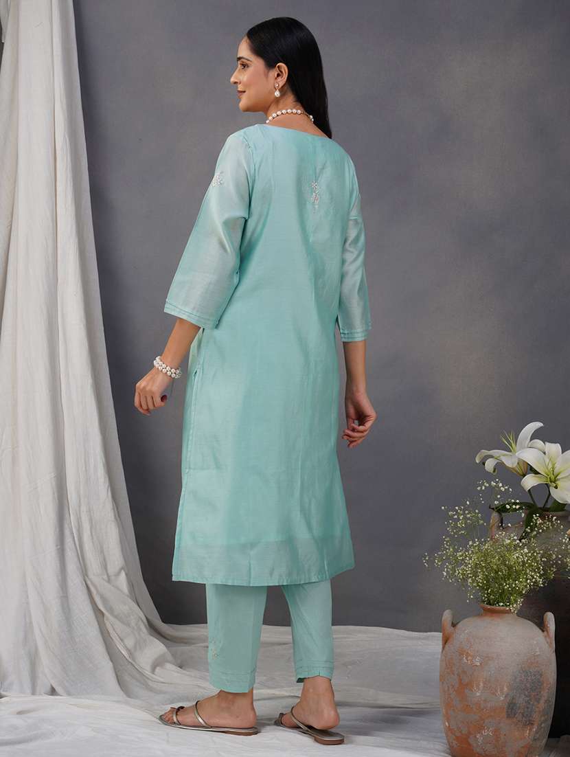 women solid with work three quarter sleeve kurta pant set - 21975092 - Standard Image - 3