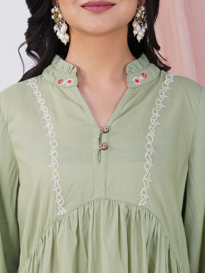 women solid with work three quarter sleeve kurta pant set - 21975093 -  Standard Image - 5