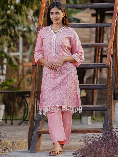 women solid with work three quarter sleeve kurta pant set - 21975111 - Standard Image - 0