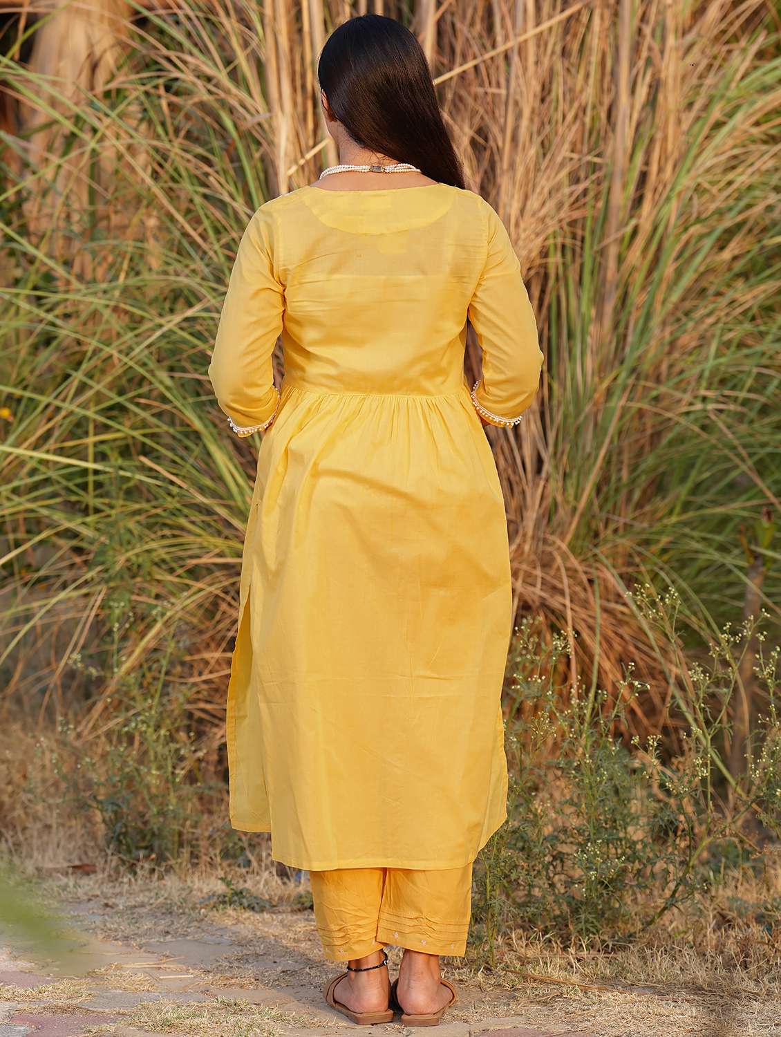 women solid with work three quarter sleeve kurta pant set - 21975112 -  Standard Image - 3