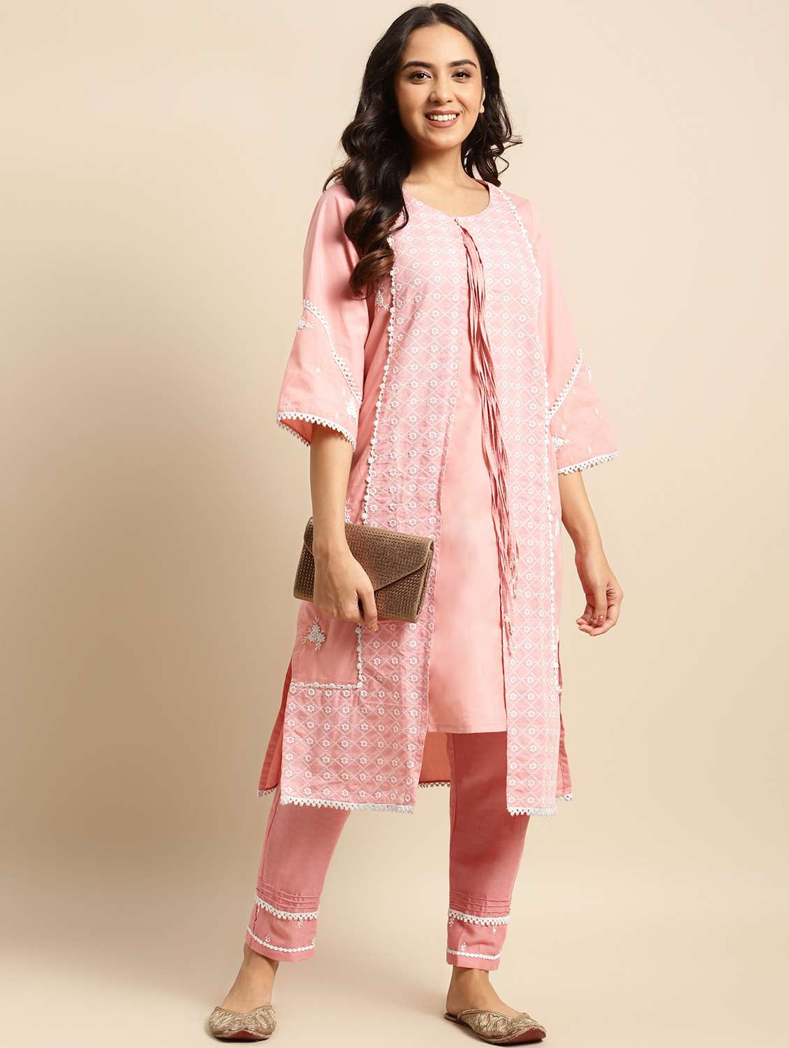 women solid with work three quarter sleeve kurta pant set - 21975120 -  Standard Image - 3