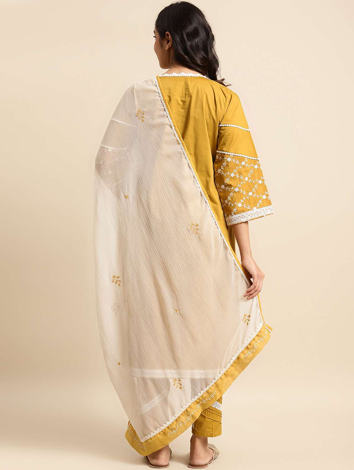 women solid with work three quarter sleeve kurta pant with dupatta set - 21975122 -  Standard Image - 3