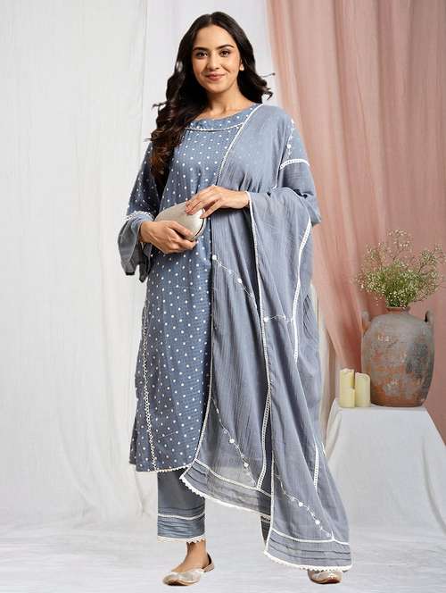 women polka dot bell sleeve kurta pant with dupatta set - 21975123 -  Standard Image - 0