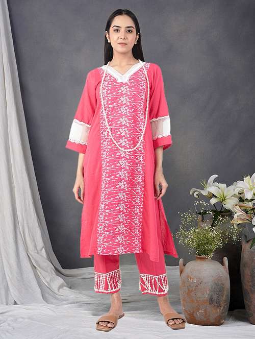 women solid with work three quarter sleeve kurta pant set - 21975124 - Standard Image - 0