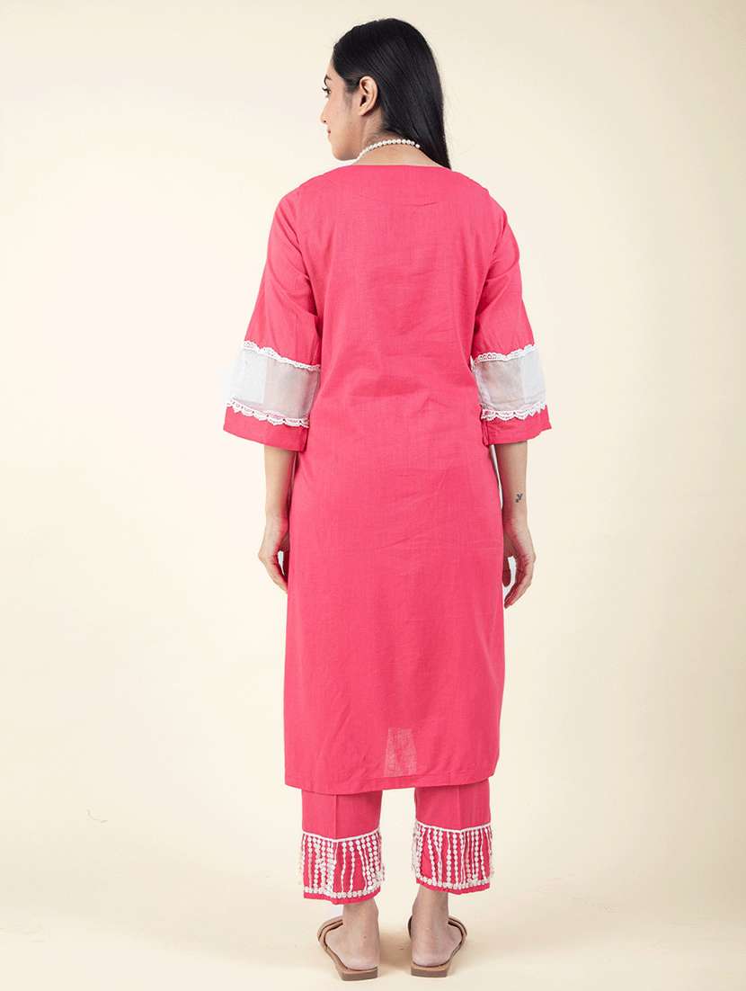 women solid with work three quarter sleeve kurta pant set - 21975124 - Standard Image - 3