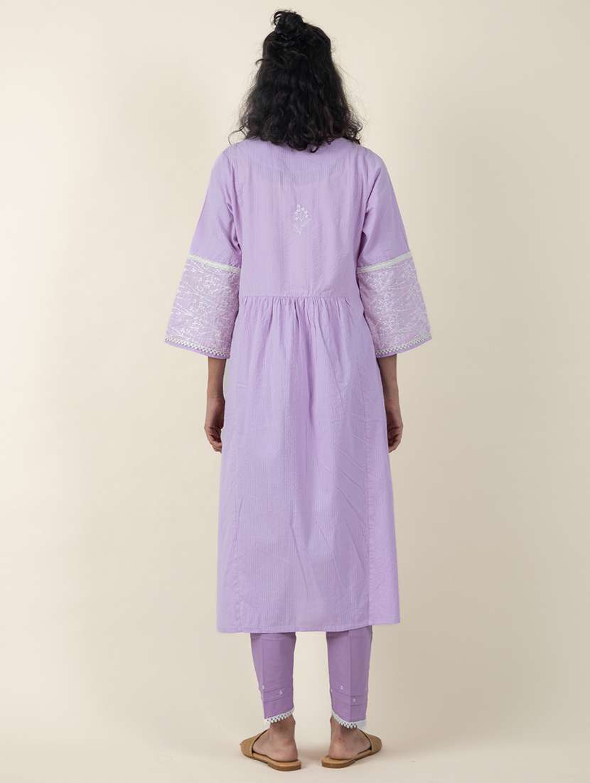 women solid with work three quarter sleeve kurta pant set - 21975125 - Standard Image - 3