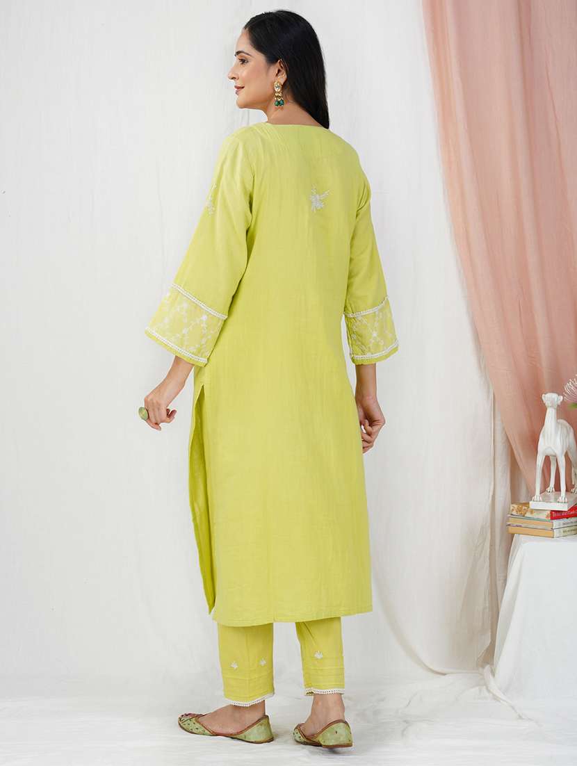 women solid with work three quarter sleeve kurta pant set - 21975126 - Standard Image - 3