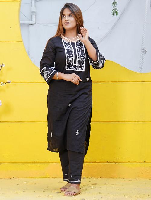 women solid with work three quarter sleeve kurta pant set - 21975127 -  Standard Image - 0