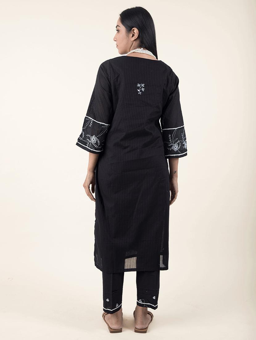 women solid with work three quarter sleeve kurta pant set - 21975127 - Standard Image - 3