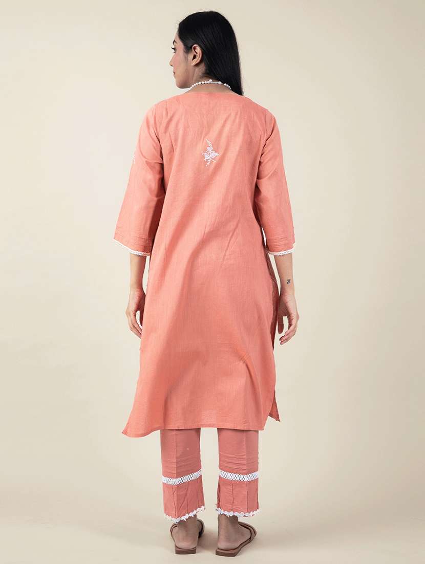 women solid with work three quarter sleeve kurta pant set - 21975128 - Standard Image - 3
