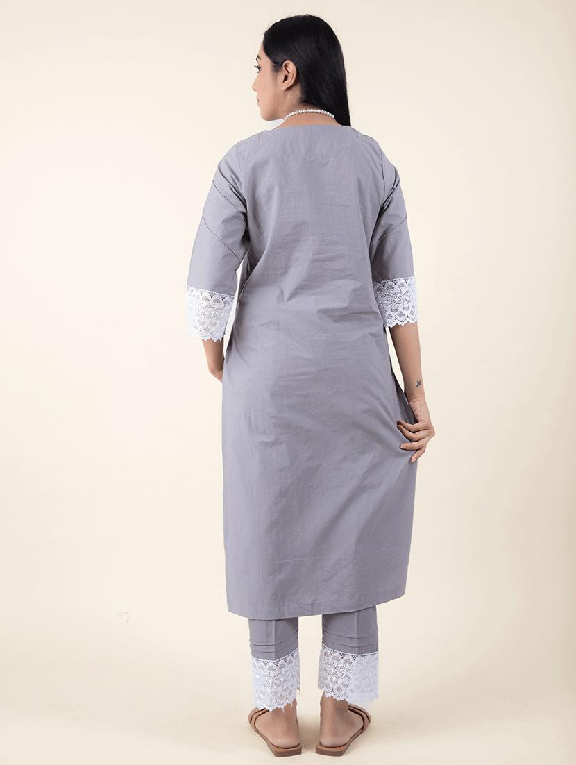 women solid with work three quarter sleeve kurta pant set - 21975130 - Standard Image - 3