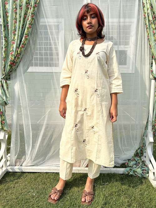 women solid with work three quarter sleeve kurta pant set - 21975133 -  Standard Image - 0