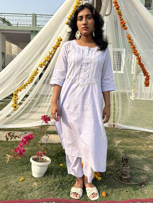 women solid with work three quarter sleeve kurta pant set - 21975134 -  Standard Image - 0