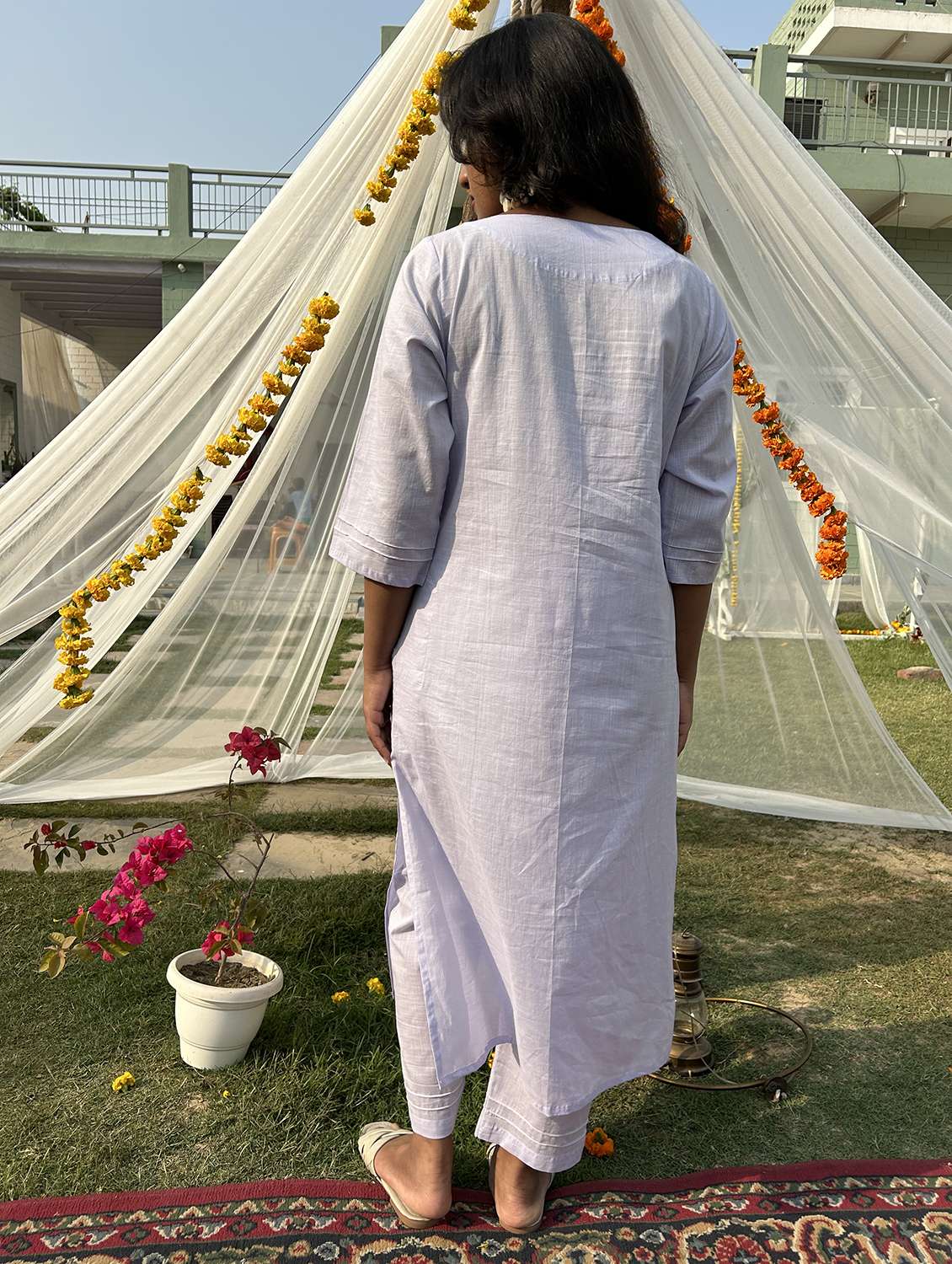 women solid with work three quarter sleeve kurta pant set - 21975134 -  Standard Image - 3