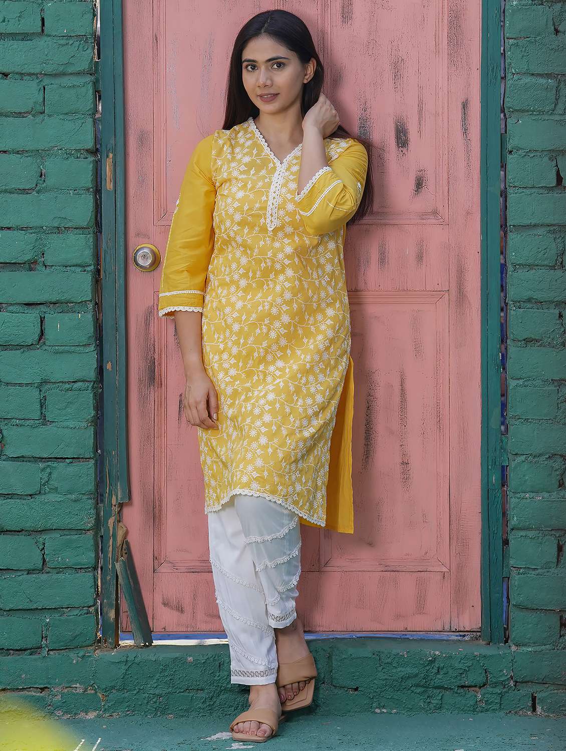 women solid with work three quarter sleeve kurta pant set - 21975137 -  Zoom Image - 0