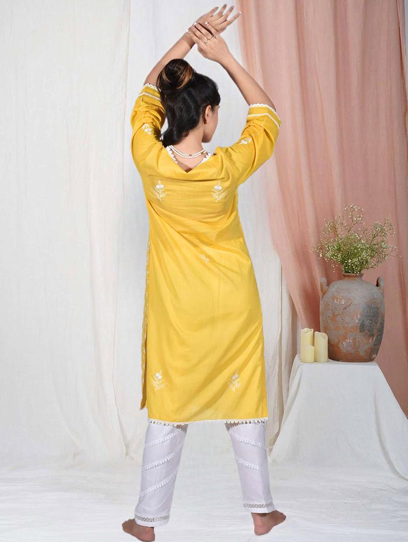 women solid with work three quarter sleeve kurta pant set - 21975137 - Standard Image - 3