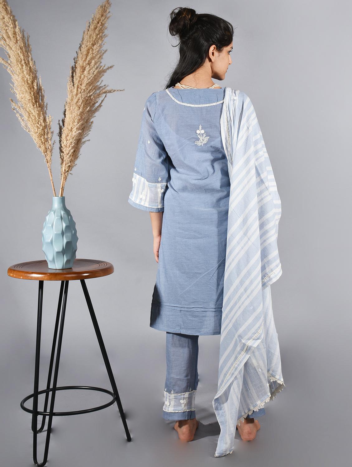 women solid with work three quarter sleeve kurta pant set - 21975139 - Standard Image - 3
