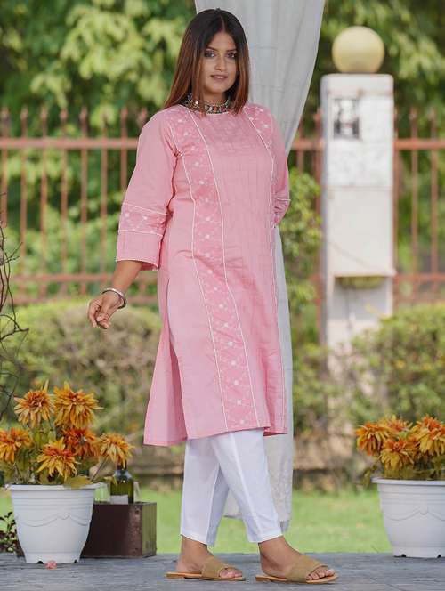 women solid with work three quarter sleeve kurta pant set - 21975140 -  Standard Image - 0