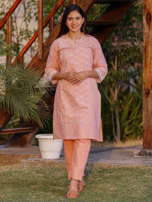 women solid with work three quarter sleeve kurta pant set - 21975141 - Standard Image - 0