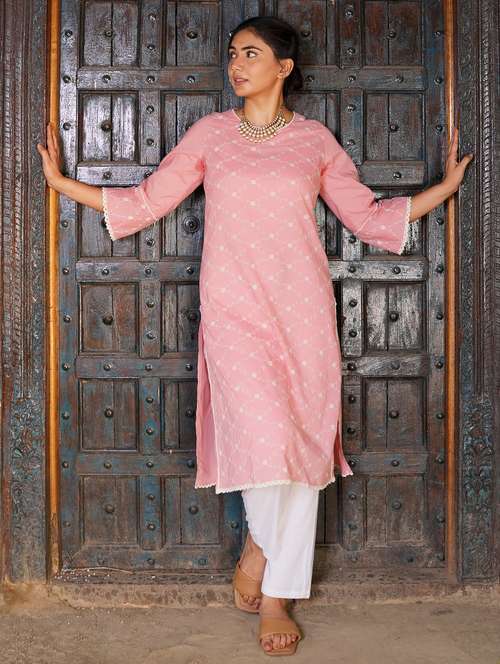 women solid with work three quarter sleeve kurta pant set - 21975142 -  Standard Image - 0