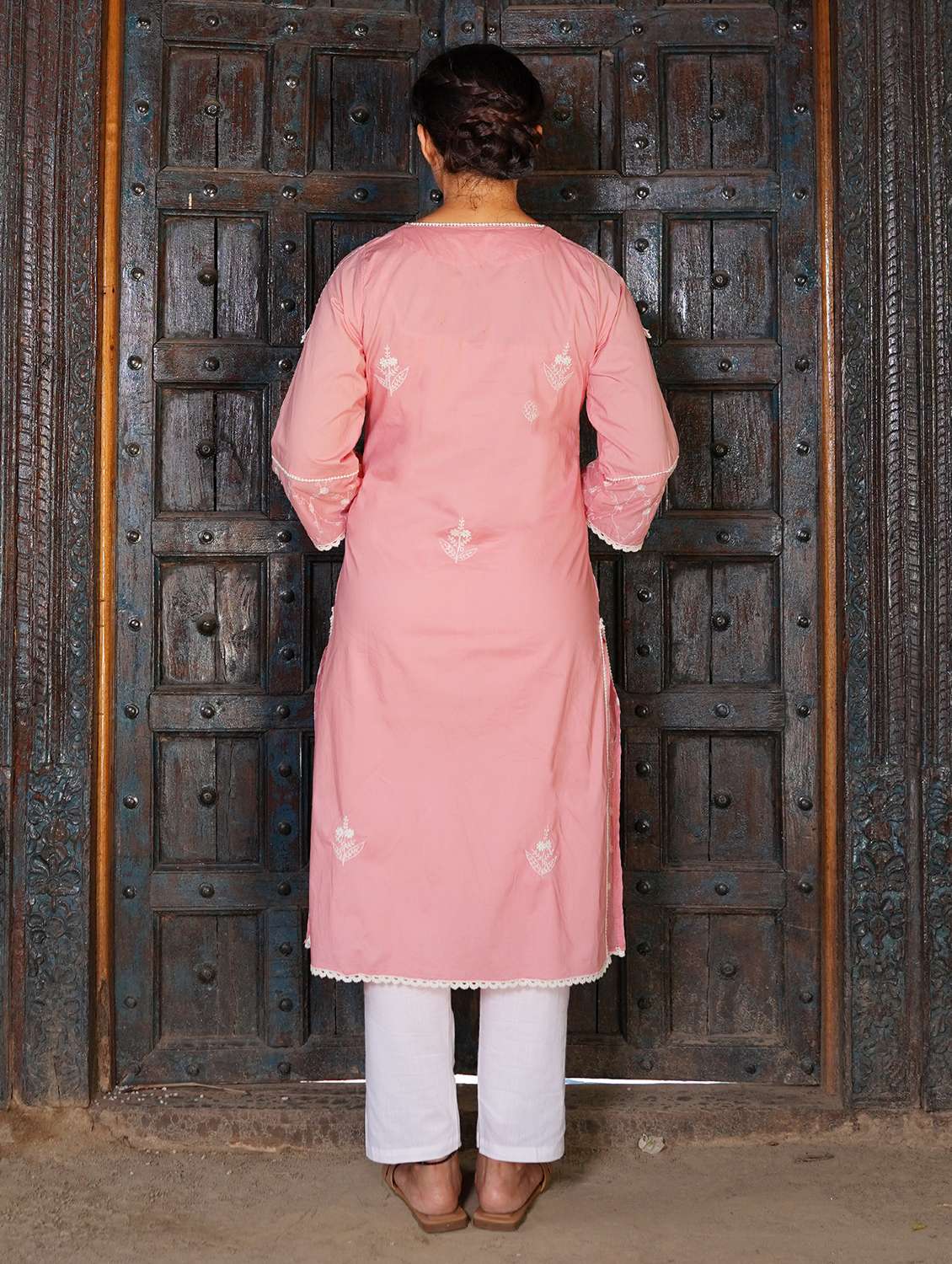 women solid with work three quarter sleeve kurta pant set - 21975142 -  Standard Image - 3