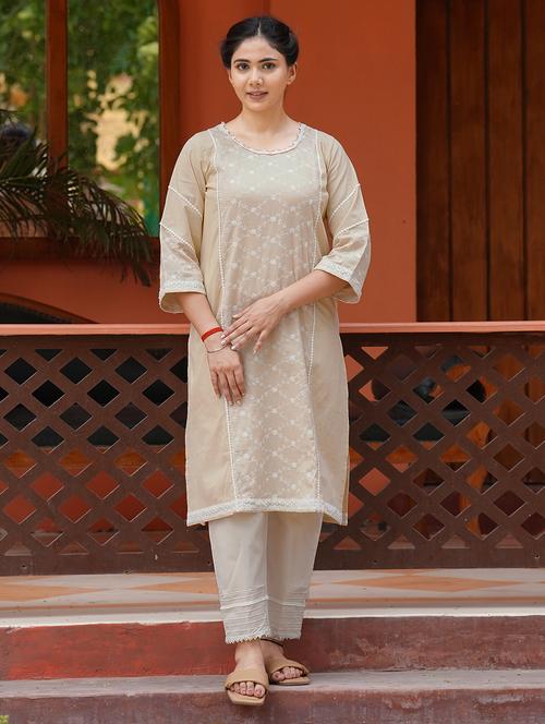 women solid with work three quarter sleeve kurta pant set - 21975143 -  Standard Image - 0
