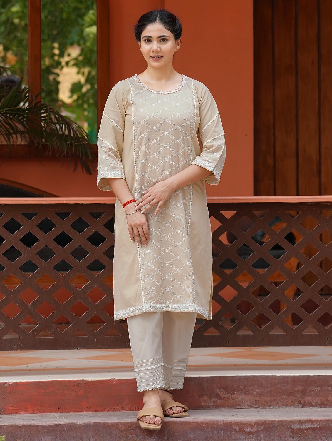 women solid with work three quarter sleeve kurta pant set