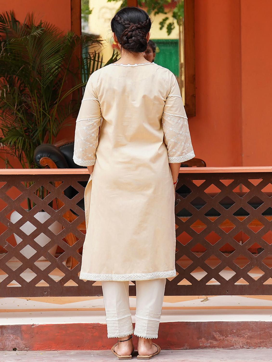 women solid with work three quarter sleeve kurta pant set - 21975143 - Standard Image - 3