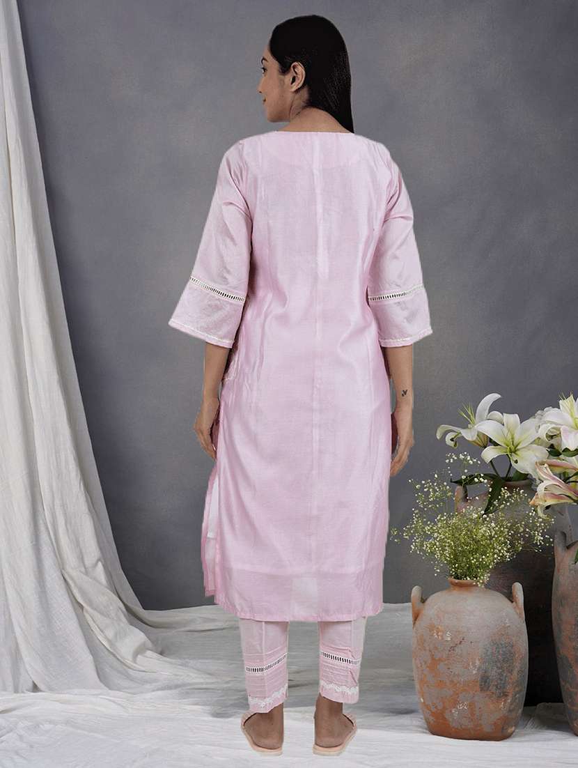 women solid with work three quarter sleeve kurta pant set - 21975145 -  Standard Image - 3