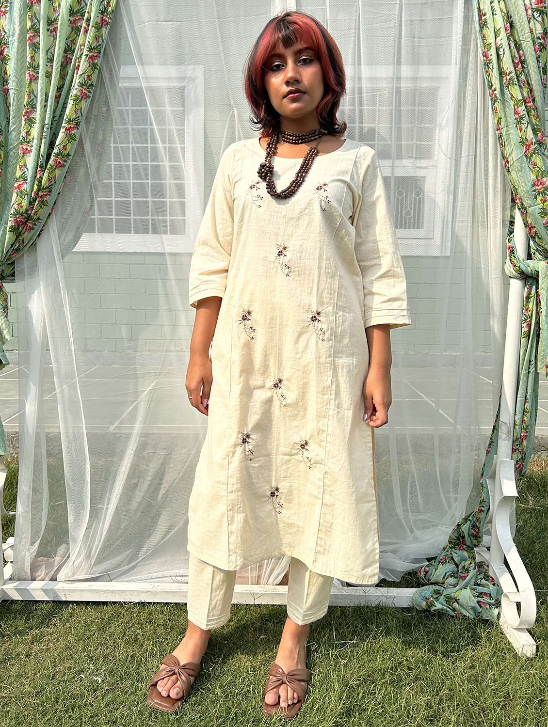 women three quarter sleeve kurta pant with dupatta set