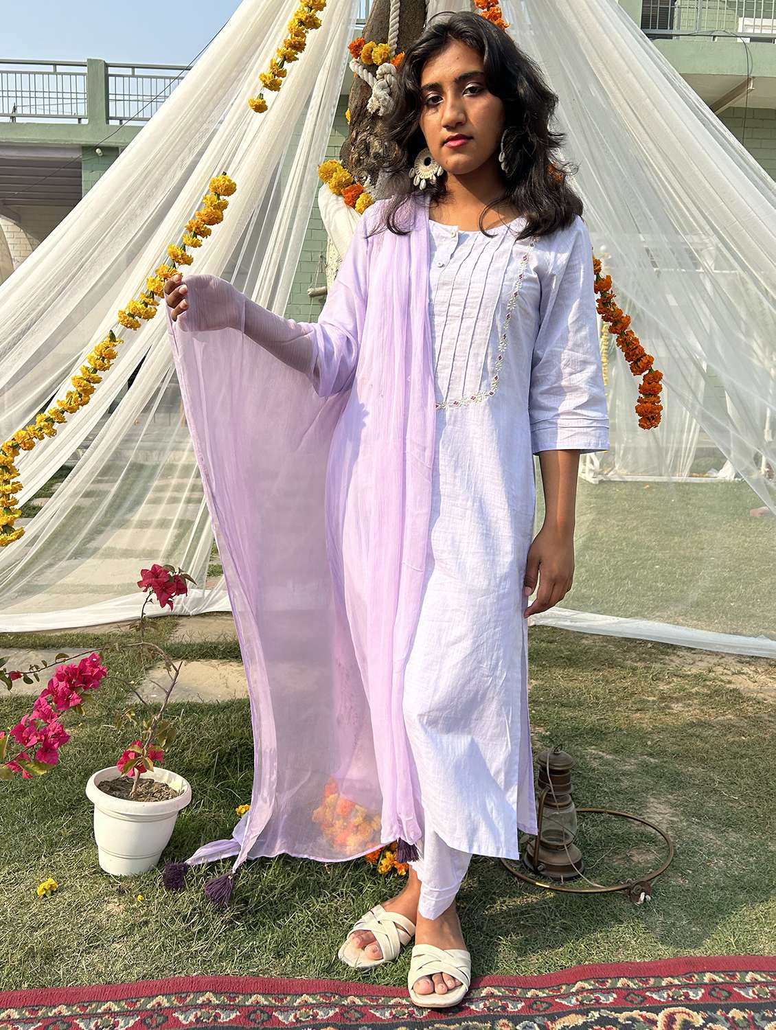 women three quarter sleeve kurta pant with dupatta set