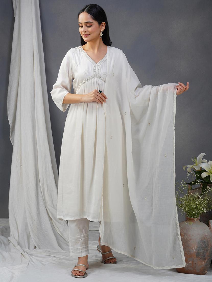 women three quarter sleeve kurta pant with dupatta set