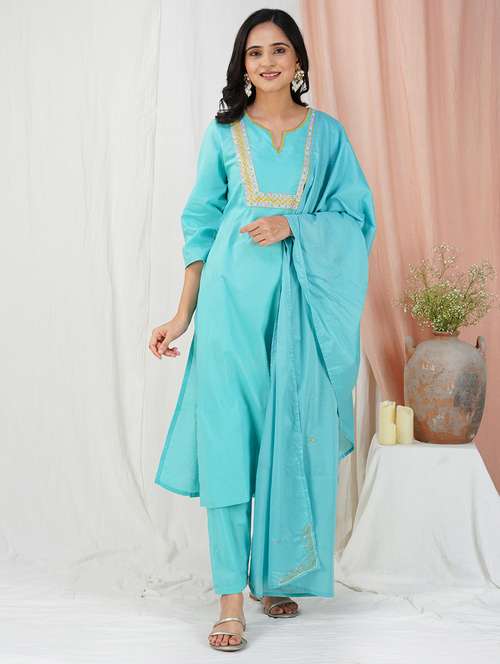 women three quarter sleeve kurta pant with dupatta set - 21975170 - Standard Image - 0